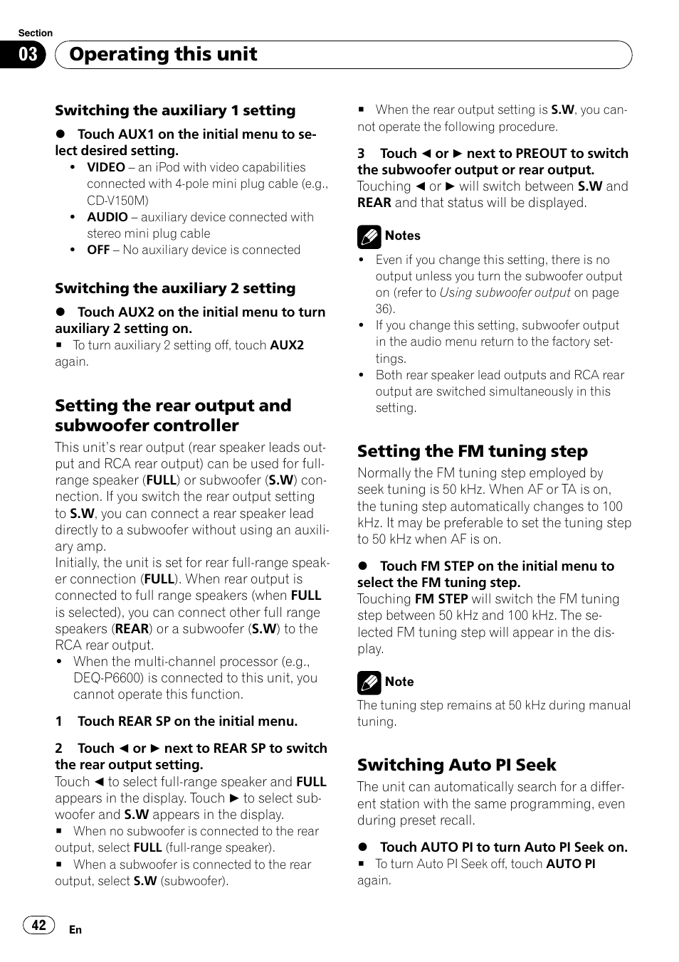 Setting the rear output and subwoofer, Controller, Setting the fm tuning step 42 | Switching auto pi seek 42, Operating this unit, Setting the rear output and subwoofer controller, Setting the fm tuning step, Switching auto pi seek | Pioneer AVH-P4000DVD User Manual | Page 42 / 95