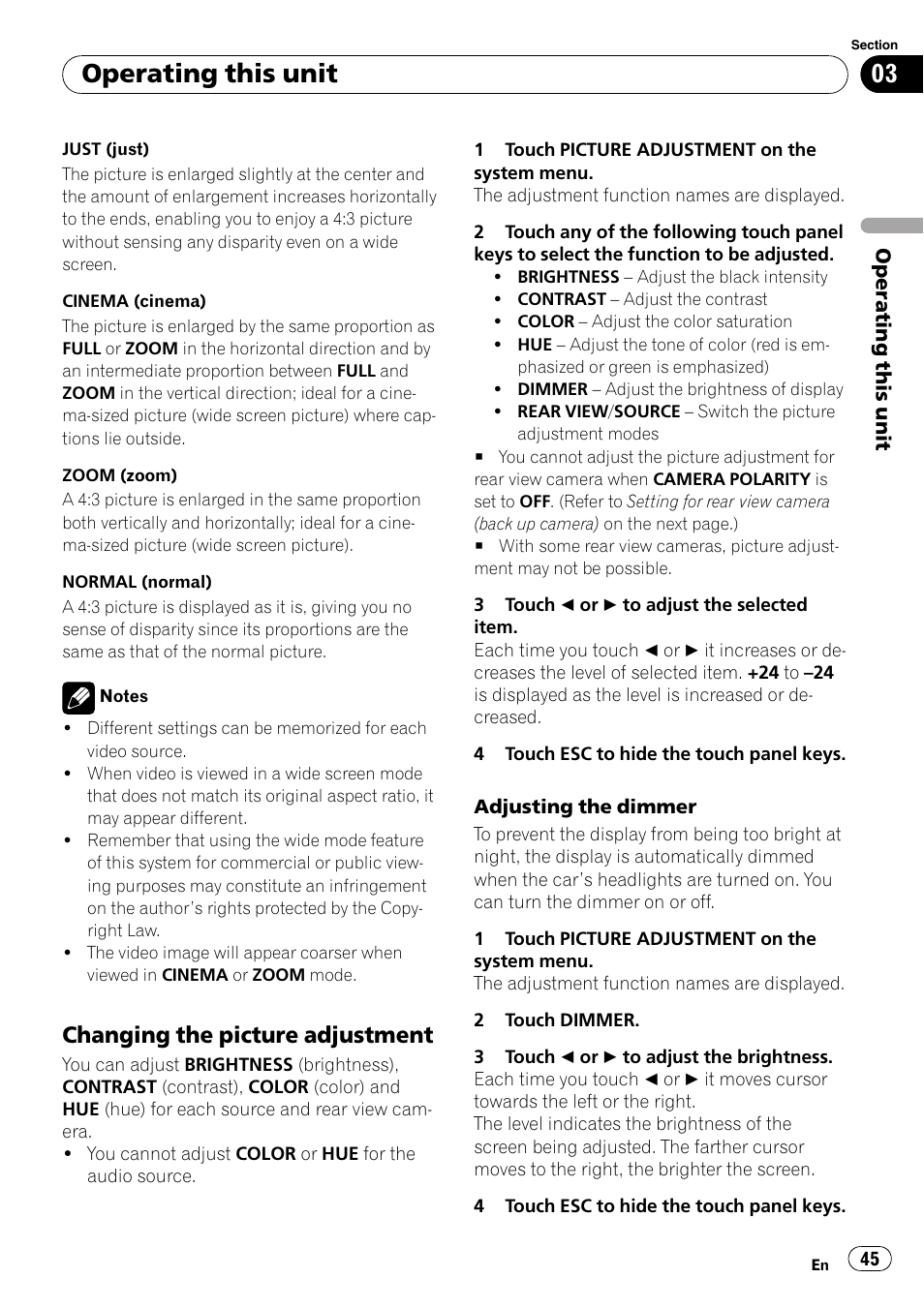 Changing the picture adjustment 45, Operating this unit, Changing the picture adjustment | Pioneer AVH-P4000DVD User Manual | Page 45 / 95