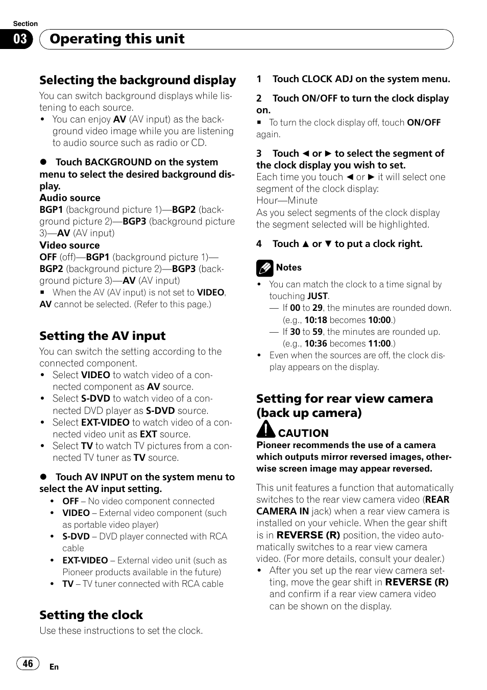 Selecting the background display 46, Setting the av input 46, Setting the clock 46 | Setting for rear view camera (back up, Camera), Operating this unit, Selecting the background display, Setting the av input, Setting the clock, Setting for rear view camera (back up camera) | Pioneer AVH-P4000DVD User Manual | Page 46 / 95