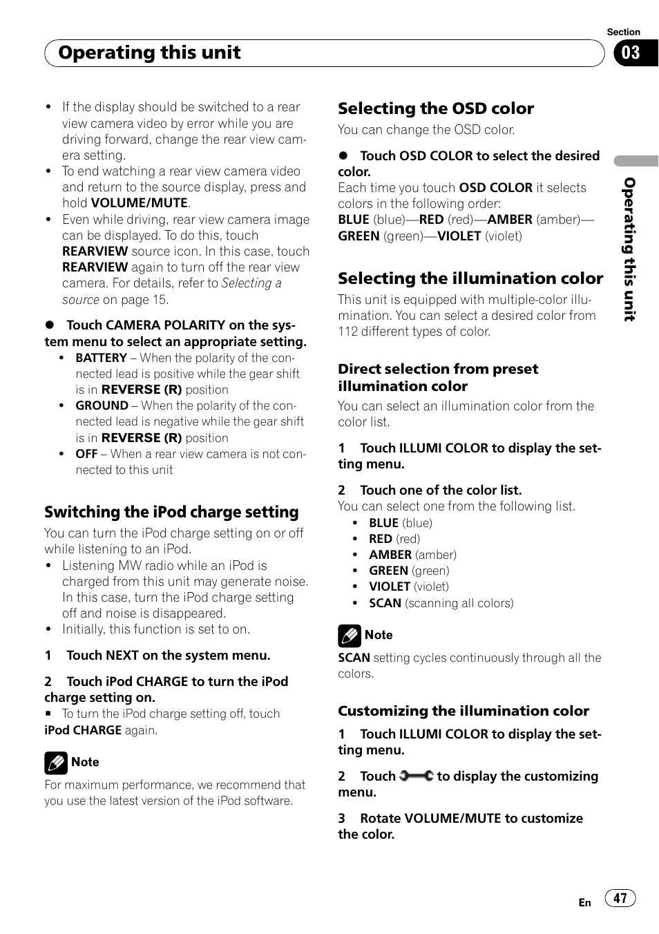 Switching the ipod charge setting 47, Selecting the osd color 47, Selecting the illumination color 47 | Operating this unit, Switching the ipod charge setting, Selecting the osd color, Selecting the illumination color | Pioneer AVH-P4000DVD User Manual | Page 47 / 95