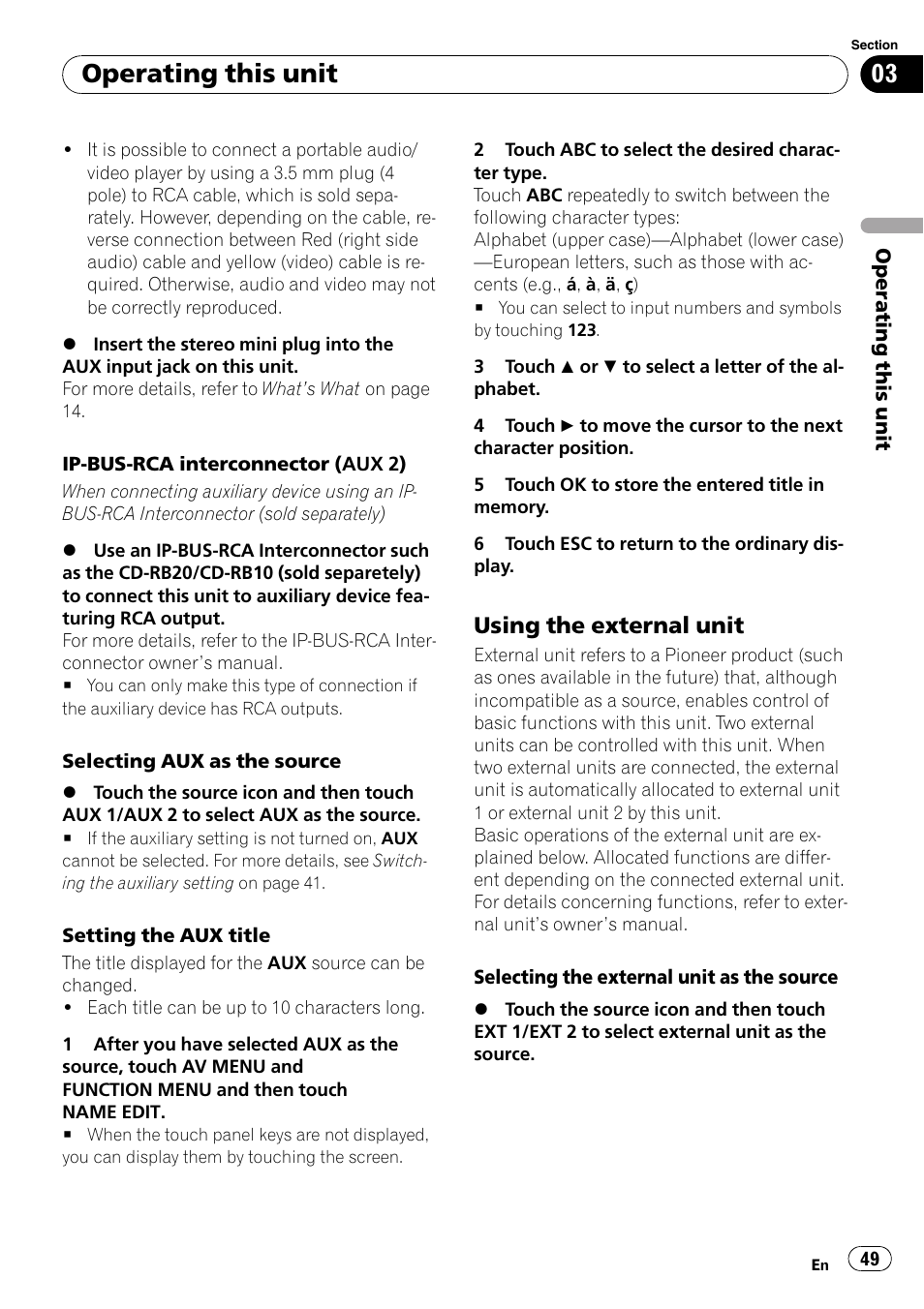 Using the external unit 49, Operating this unit, Using the external unit | Pioneer AVH-P4000DVD User Manual | Page 49 / 95