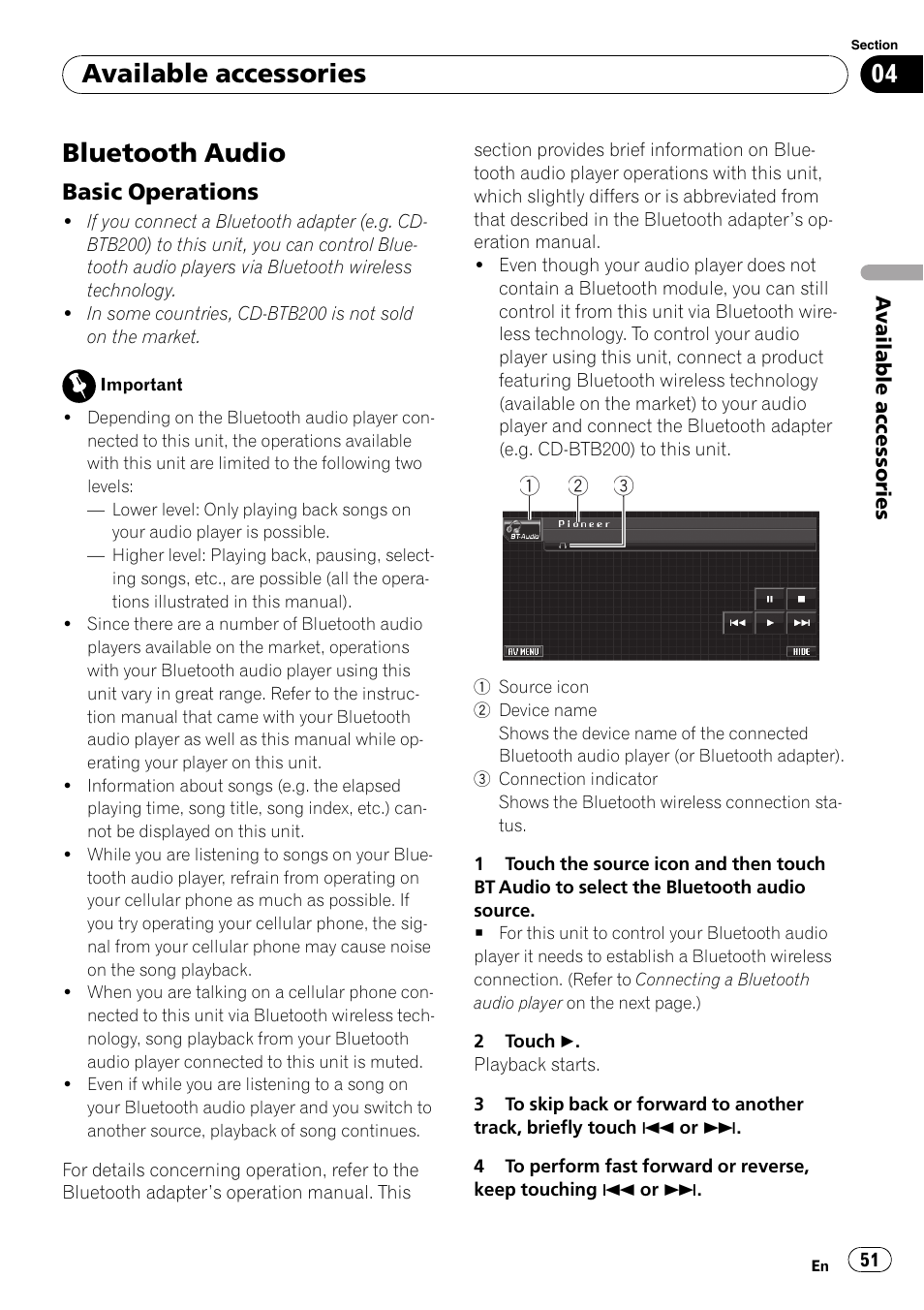 Available accessories bluetooth audio, Basic operations 51, Bluetooth audio | Available accessories, Basic operations | Pioneer AVH-P4000DVD User Manual | Page 51 / 95