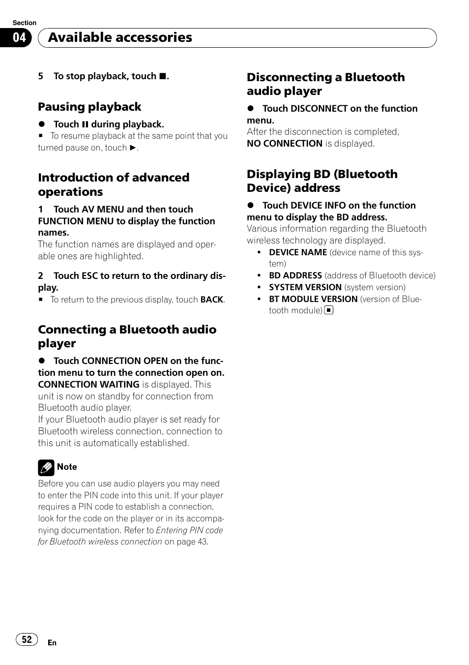 Pausing playback 52, Introduction of advanced, Operations | Connecting a bluetooth audio, Player, Disconnecting a bluetooth audio, Displaying bd (bluetooth device), Address, Available accessories | Pioneer AVH-P4000DVD User Manual | Page 52 / 95