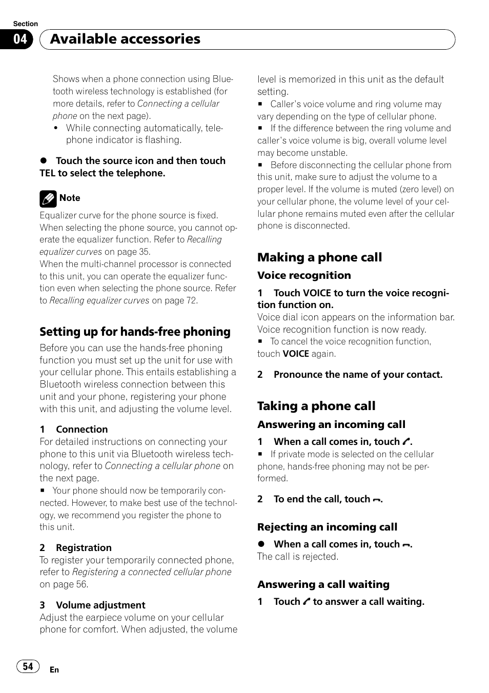 Setting up for hands-free phoning 54, Making a phone call 54, Taking a phone call 54 | Available accessories, Setting up for hands-free phoning, Making a phone call, Taking a phone call | Pioneer AVH-P4000DVD User Manual | Page 54 / 95