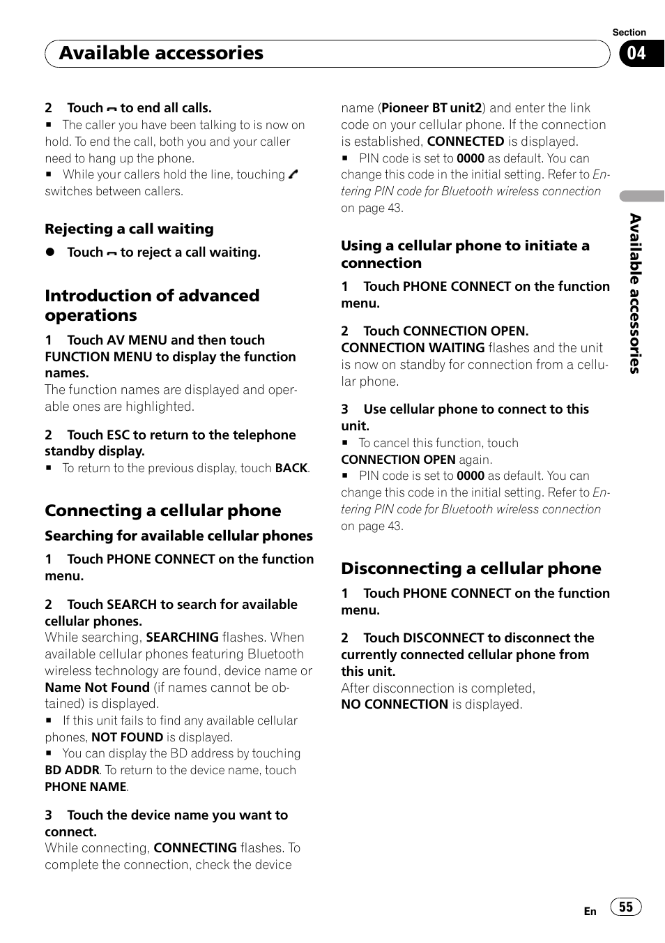 Introduction of advanced, Operations, Connecting a cellular phone 55 | Disconnecting a cellular phone 55, Available accessories, Introduction of advanced operations, Connecting a cellular phone, Disconnecting a cellular phone | Pioneer AVH-P4000DVD User Manual | Page 55 / 95