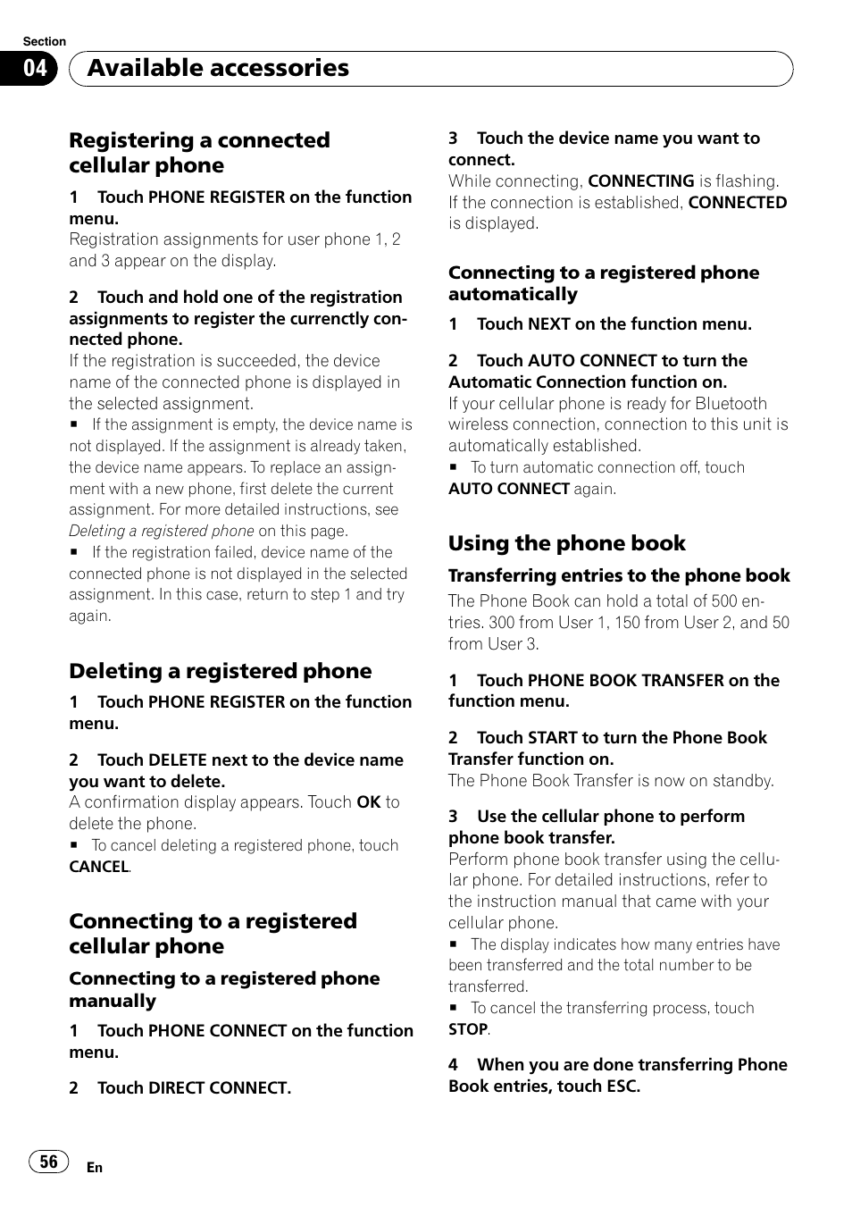 Registering a connected cellular, Phone, Deleting a registered phone 56 | Connecting to a registered cellular, Using the phone book 56, Available accessories, Registering a connected cellular phone, Deleting a registered phone, Connecting to a registered cellular phone, Using the phone book | Pioneer AVH-P4000DVD User Manual | Page 56 / 95