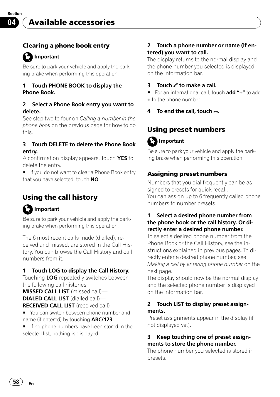 Using the call history 58, Using preset numbers 58, Available accessories | Using the call history, Using preset numbers | Pioneer AVH-P4000DVD User Manual | Page 58 / 95