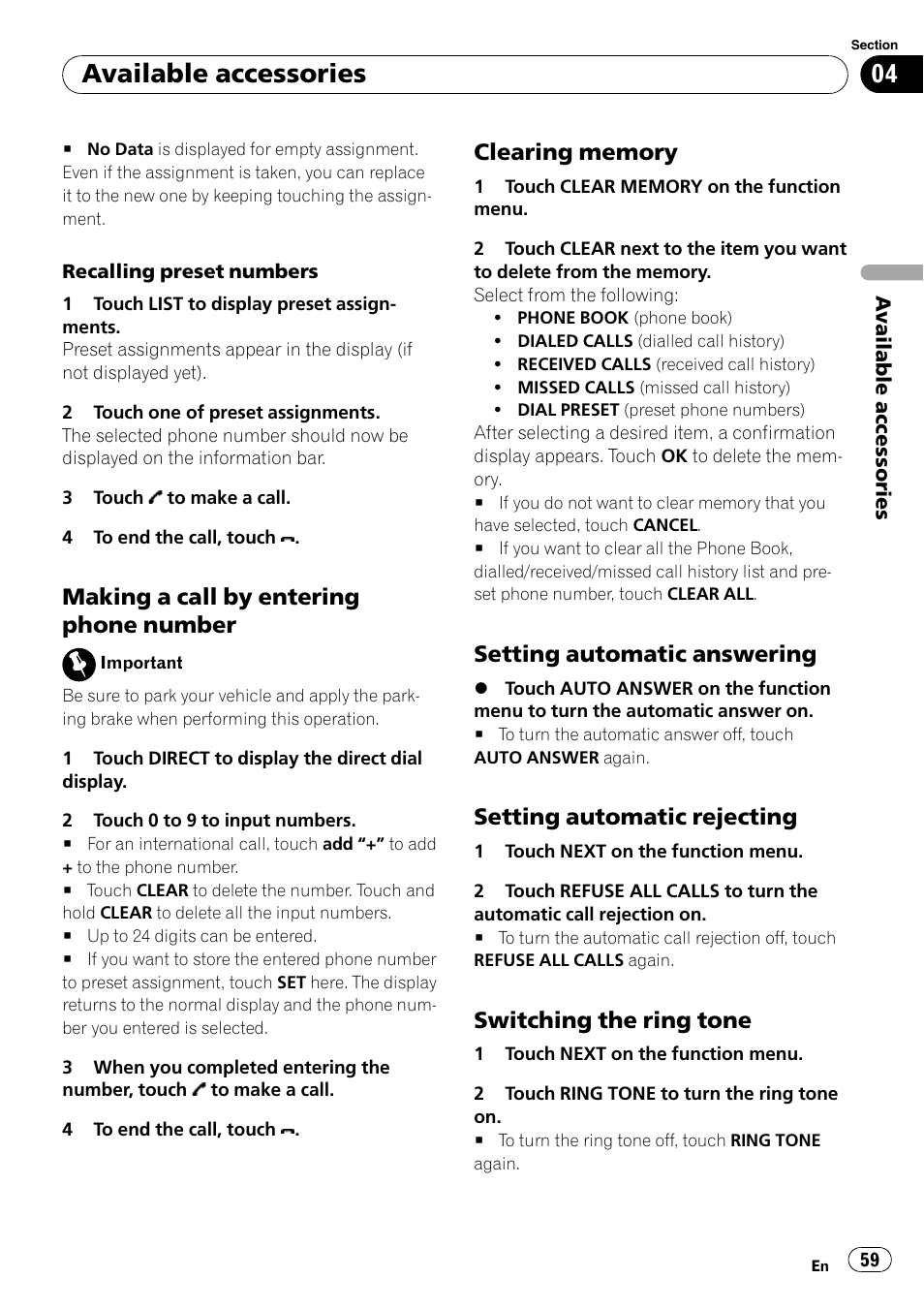 Making a call by entering phone, Number, Clearing memory 59 | Setting automatic answering 59, Setting automatic rejecting 59, Switching the ring tone 59, Available accessories, Making a call by entering phone number, Setting automatic answering, Setting automatic rejecting | Pioneer AVH-P4000DVD User Manual | Page 59 / 95