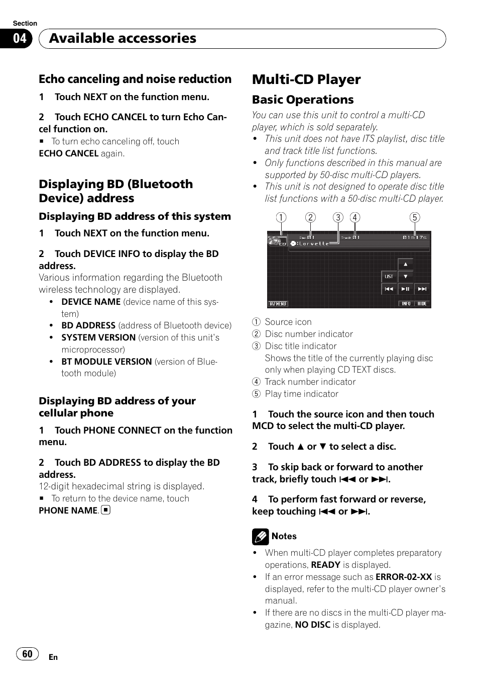 Echo canceling and noise, Reduction, Displaying bd (bluetooth device) | Address, Multi-cd player, Basic operations 60, Available accessories | Pioneer AVH-P4000DVD User Manual | Page 60 / 95