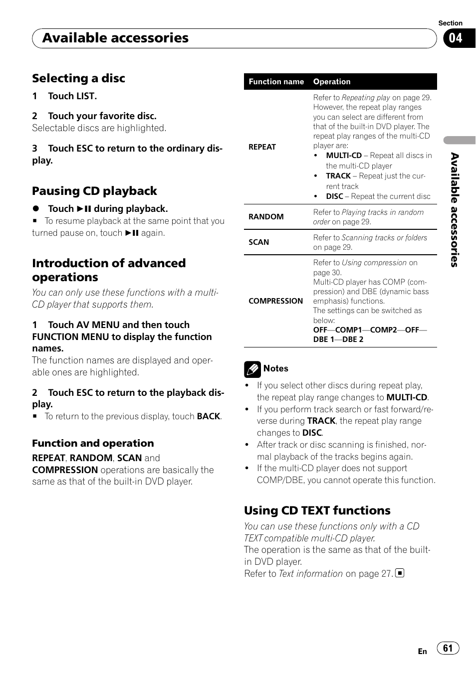 Selecting a disc 61, Pausing cd playback 61, Introduction of advanced | Operations, Using cd text functions 61, Available accessories, Selecting a disc, Pausing cd playback, Introduction of advanced operations, Using cd text functions | Pioneer AVH-P4000DVD User Manual | Page 61 / 95