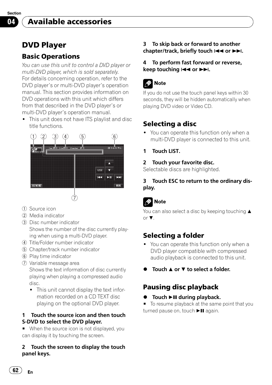 Dvd player, Basic operations 62, Selecting a disc 62 | Selecting a folder 62, Pausing disc playback 62, Available accessories | Pioneer AVH-P4000DVD User Manual | Page 62 / 95