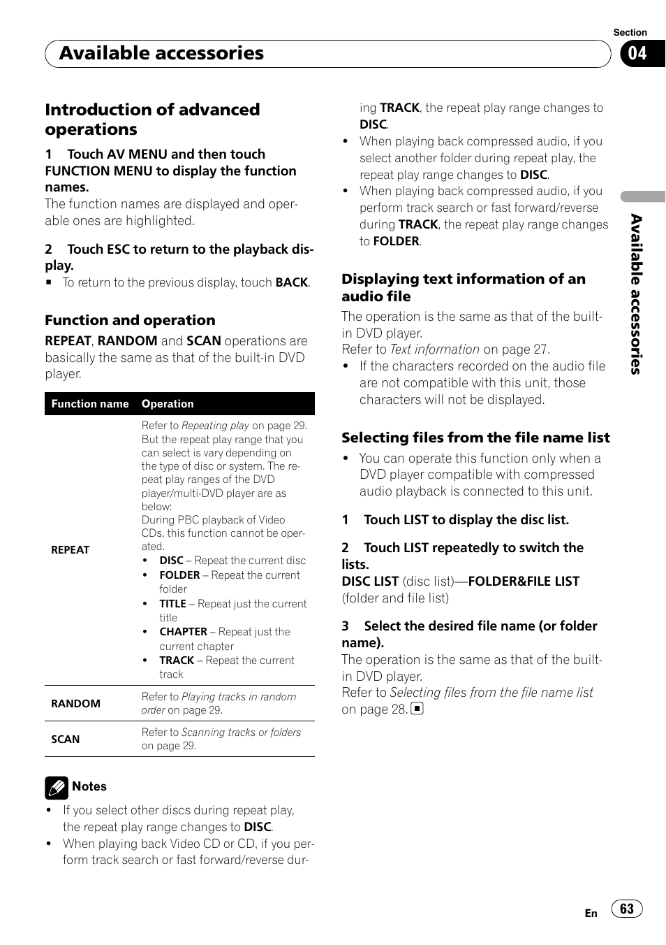 Introduction of advanced, Operations, Available accessories | Introduction of advanced operations | Pioneer AVH-P4000DVD User Manual | Page 63 / 95