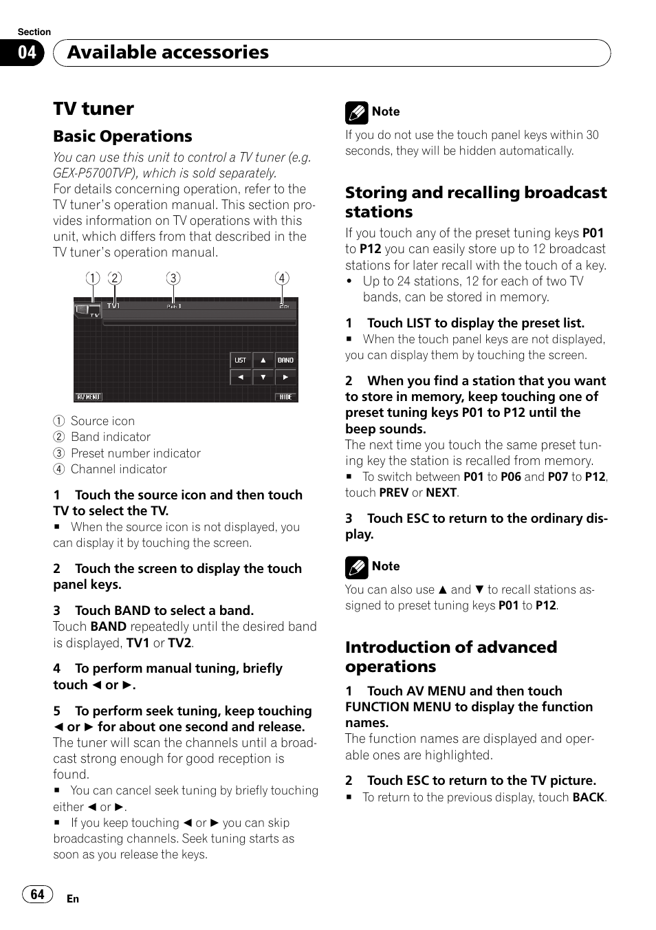 Tv tuner, Basic operations 64, Storing and recalling broadcast | Stations, Introduction of advanced, Operations, Available accessories | Pioneer AVH-P4000DVD User Manual | Page 64 / 95