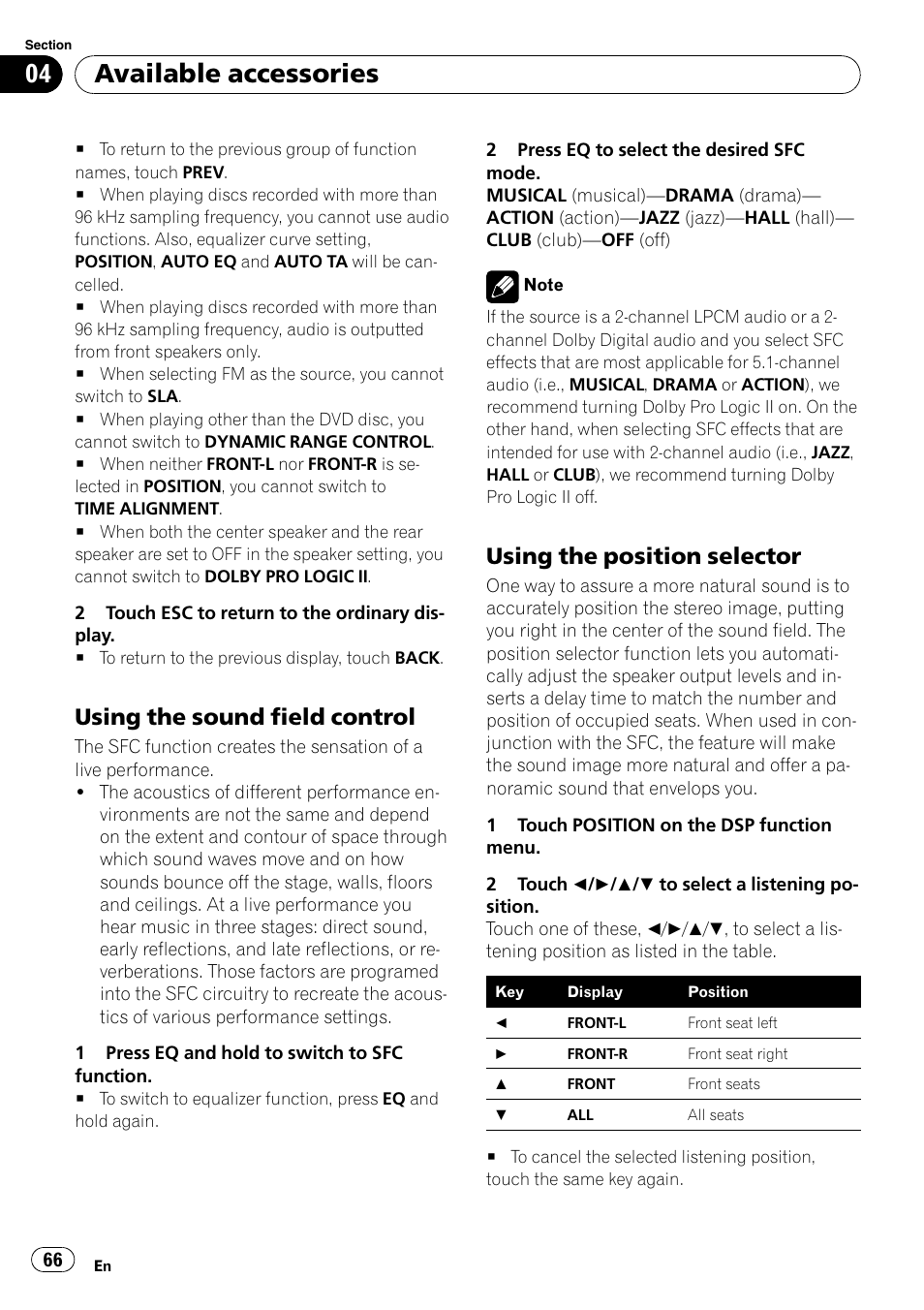 Using the sound field control 66, Using the position selector 66, Using the position selector | Available accessories, Using the sound field control | Pioneer AVH-P4000DVD User Manual | Page 66 / 95