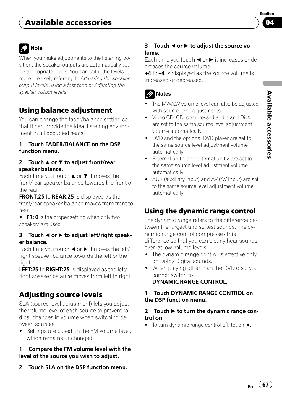 Using balance adjustment 67, Adjusting source levels 67, Using the dynamic range control 67 | Available accessories, Using balance adjustment, Adjusting source levels, Using the dynamic range control | Pioneer AVH-P4000DVD User Manual | Page 67 / 95