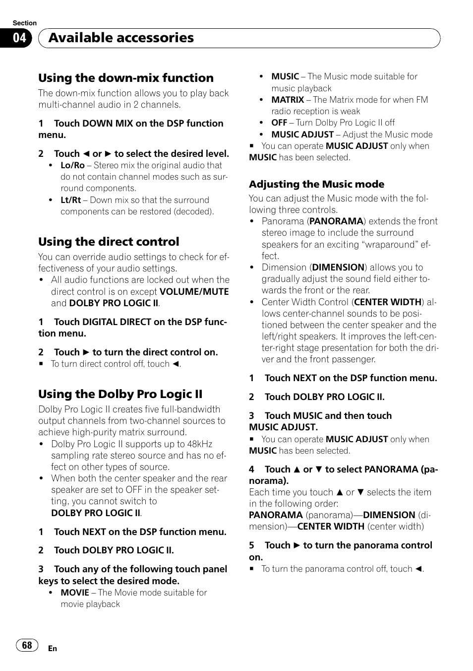 Using the down-mix function 68, Using the direct control 68, Using the dolby pro logic ii 68 | Available accessories, Using the down-mix function, Using the direct control, Using the dolby pro logic ii | Pioneer AVH-P4000DVD User Manual | Page 68 / 95