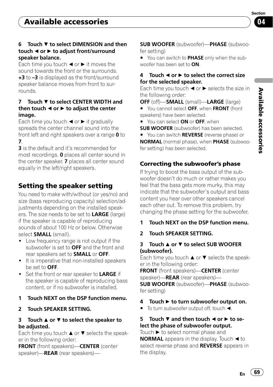 Setting the speaker setting 69, Setting the speaker setting, Available accessories | Pioneer AVH-P4000DVD User Manual | Page 69 / 95