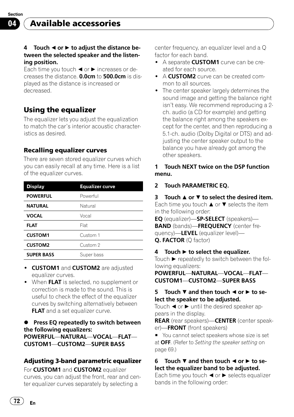 Using the equalizer 72, Adjusting 3-band parametric equalizer, Available accessories | Using the equalizer | Pioneer AVH-P4000DVD User Manual | Page 72 / 95
