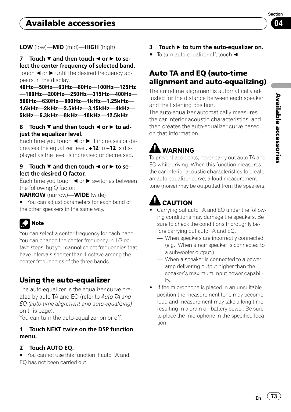Using the auto-equalizer 73, Auto ta and eq (auto-time alignment, And auto-equalizing) | Available accessories, Using the auto-equalizer | Pioneer AVH-P4000DVD User Manual | Page 73 / 95