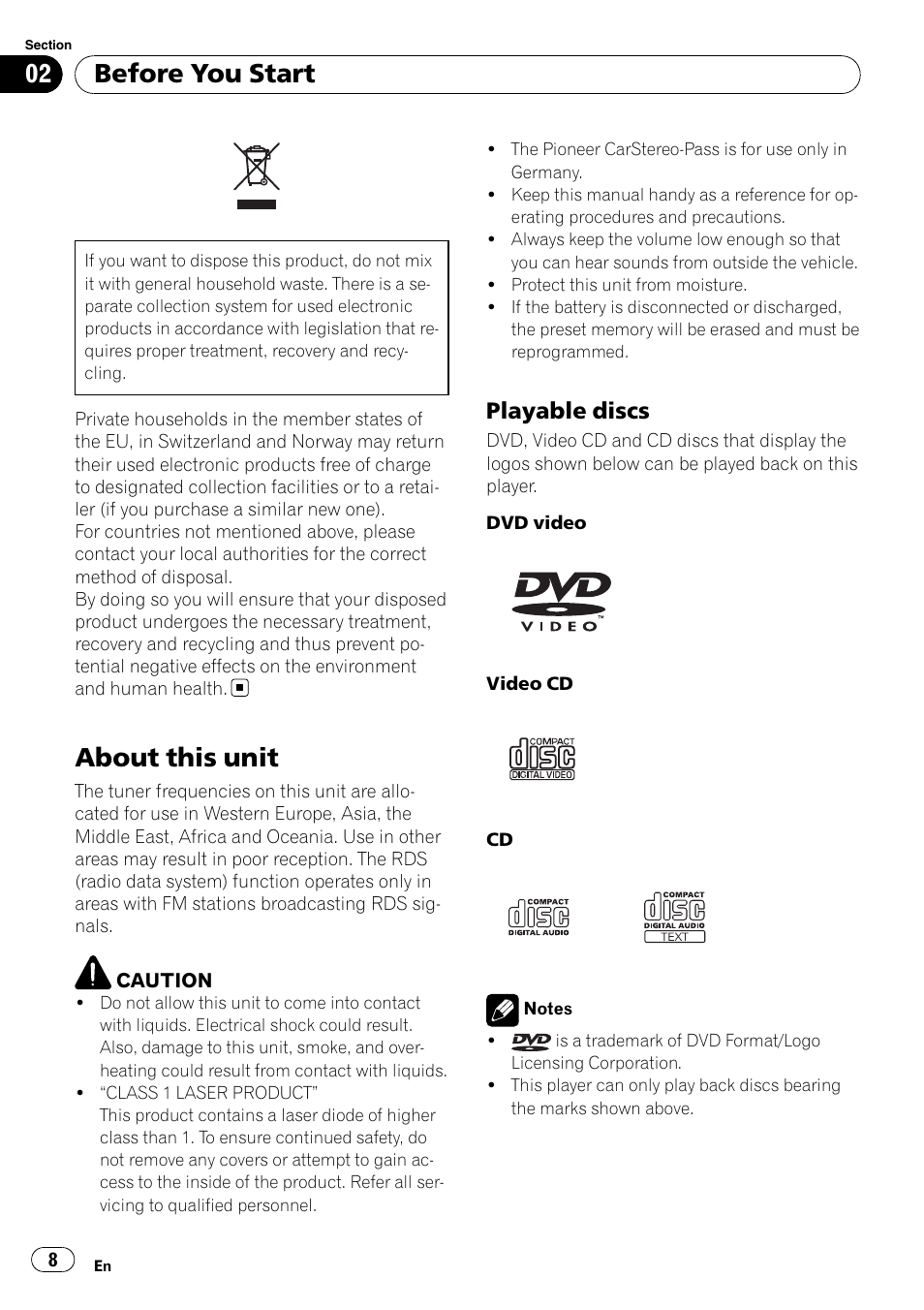 Playable discs 8, Before you start about this unit, About this unit | Before you start, Playable discs | Pioneer AVH-P4000DVD User Manual | Page 8 / 95