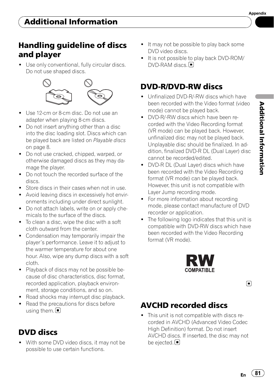 Handling guideline of discs and player, Dvd discs, Dvd-r/dvd-rw discs | Avchd recorded discs, Additional information | Pioneer AVH-P4000DVD User Manual | Page 81 / 95