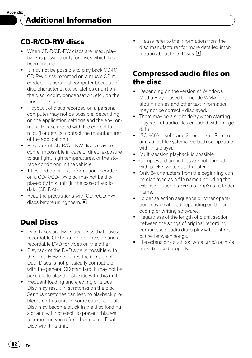 Cd-r/cd-rw discs, Dual discs, Compressed audio files on the disc | Additional information | Pioneer AVH-P4000DVD User Manual | Page 82 / 95