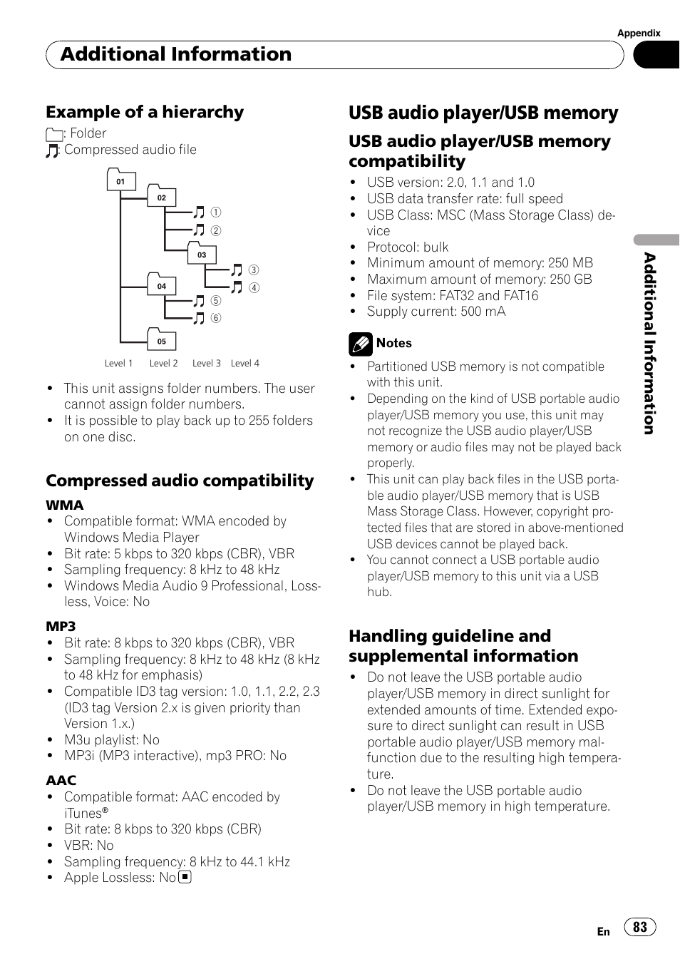 Example of a hierarchy 83, Compressed audio compatibility 83, Usb audio player/usb memory | Compatibility, Handling guideline and supplemental, Information, Additional information, Example of a hierarchy, Compressed audio compatibility, Handling guideline and supplemental information | Pioneer AVH-P4000DVD User Manual | Page 83 / 95