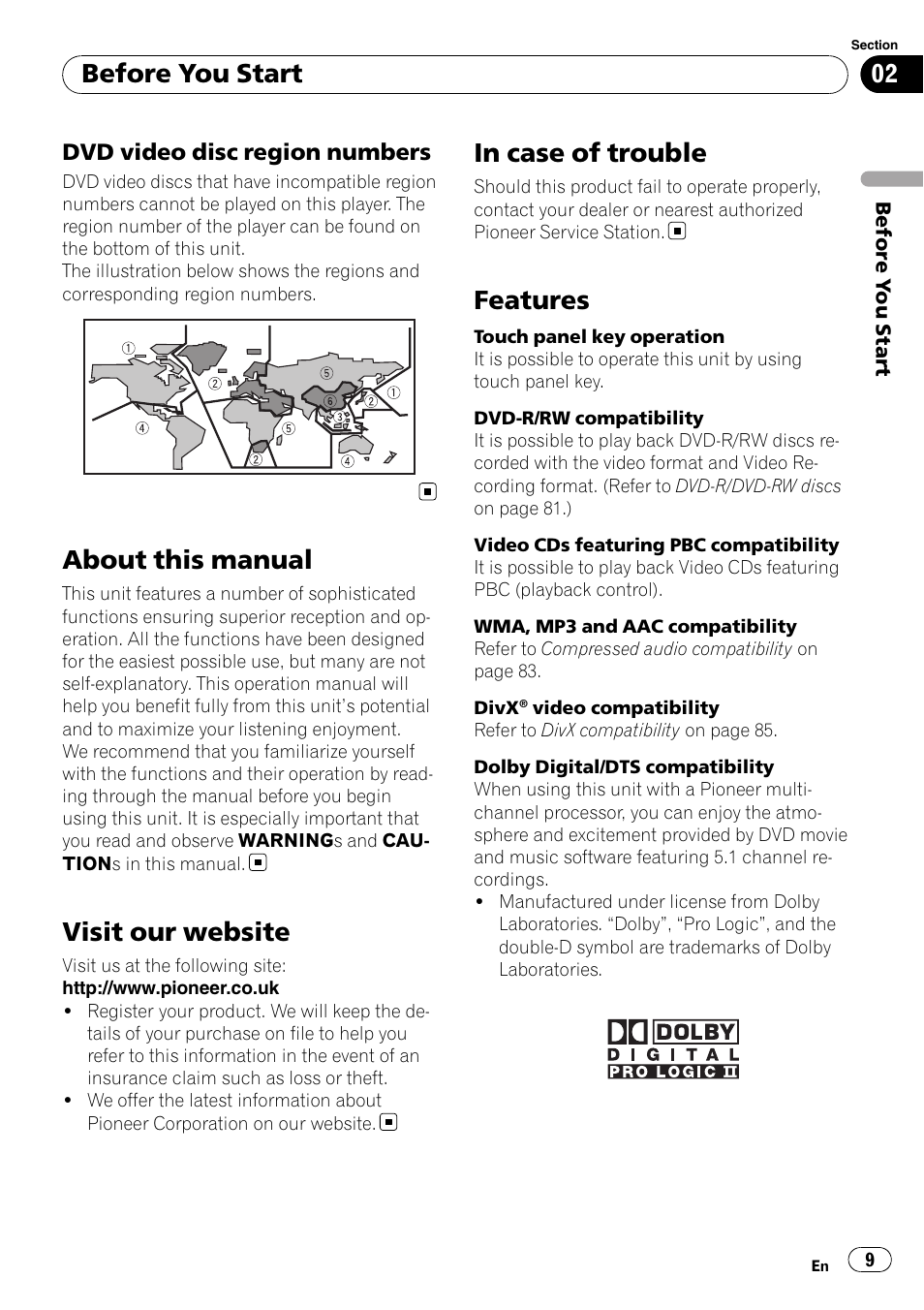 Dvd video disc region numbers 9, About this manual, Visit our website | In case of trouble, Features, Before you start | Pioneer AVH-P4000DVD User Manual | Page 9 / 95