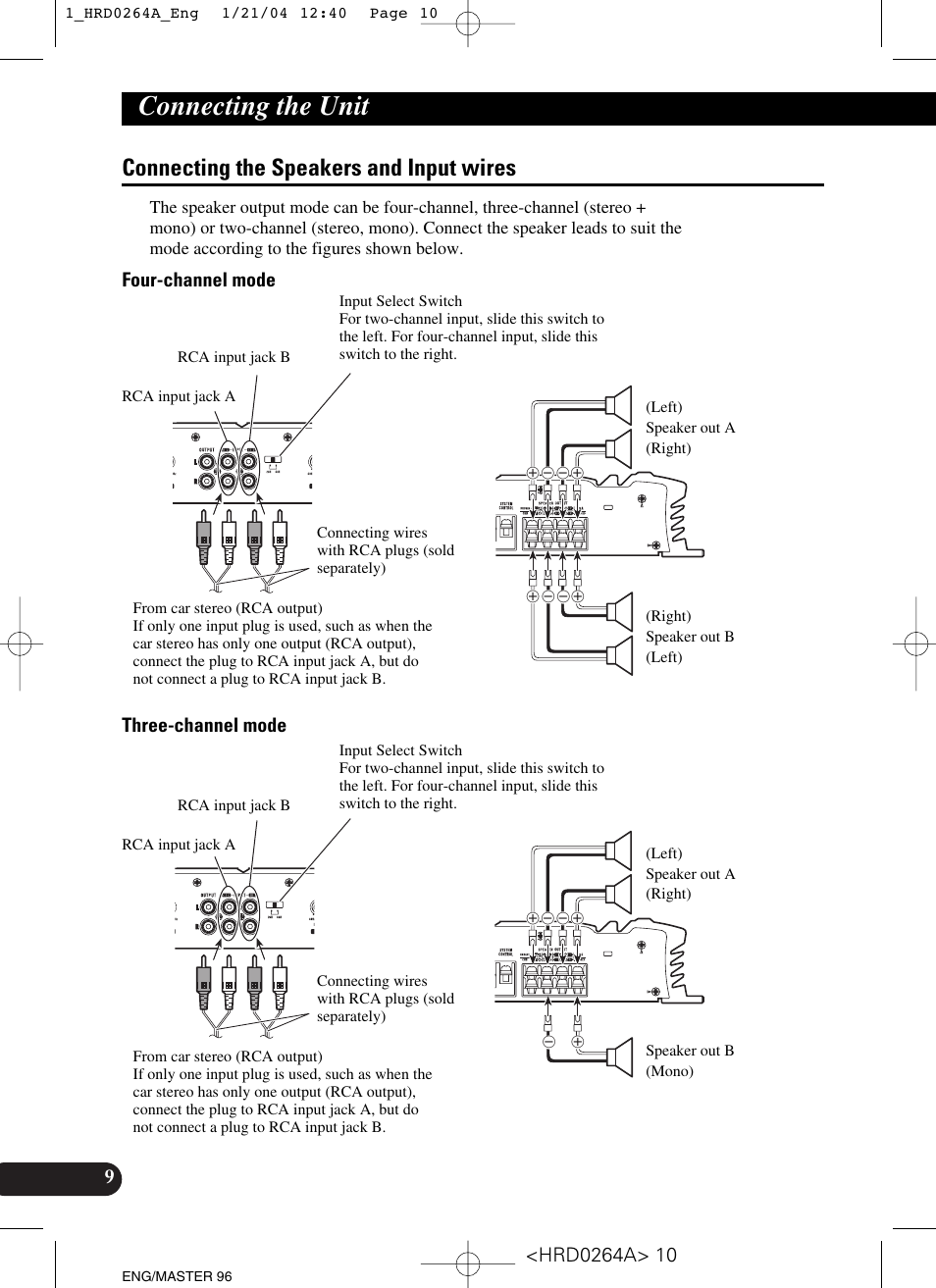 Connecting the speakers and input wires, Connecting the unit, Four-channel mode three-channel mode | Pioneer GM-6000F User Manual | Page 10 / 74