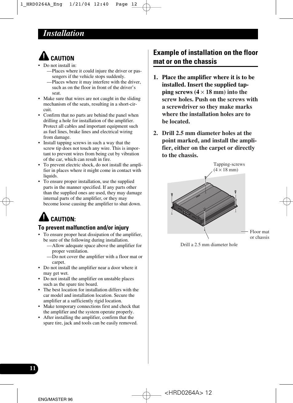 Installation, Example of installation on the floor mat, Or on the chassis | Pioneer GM-6000F User Manual | Page 12 / 74