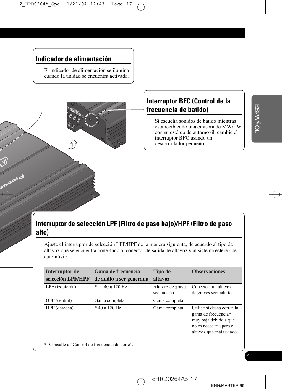 Batido), Interruptor de selección lpf (filtro de paso, Bajo)/hpf (filtro de paso alto) | Indicador de alimentación | Pioneer GM-6000F User Manual | Page 17 / 74