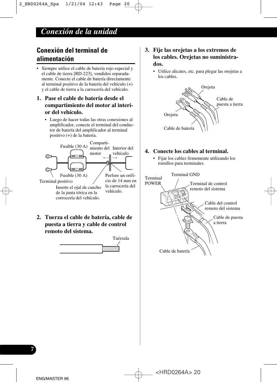 Conexión del terminal de alimentación, Conexión de la unidad | Pioneer GM-6000F User Manual | Page 20 / 74