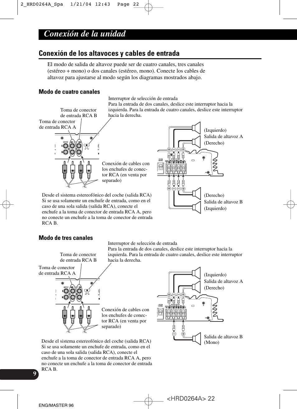 Conexión de los altavoces y cables, De entrada, Conexión de la unidad | Conexión de los altavoces y cables de entrada, Modo de cuatro canales modo de tres canales | Pioneer GM-6000F User Manual | Page 22 / 74
