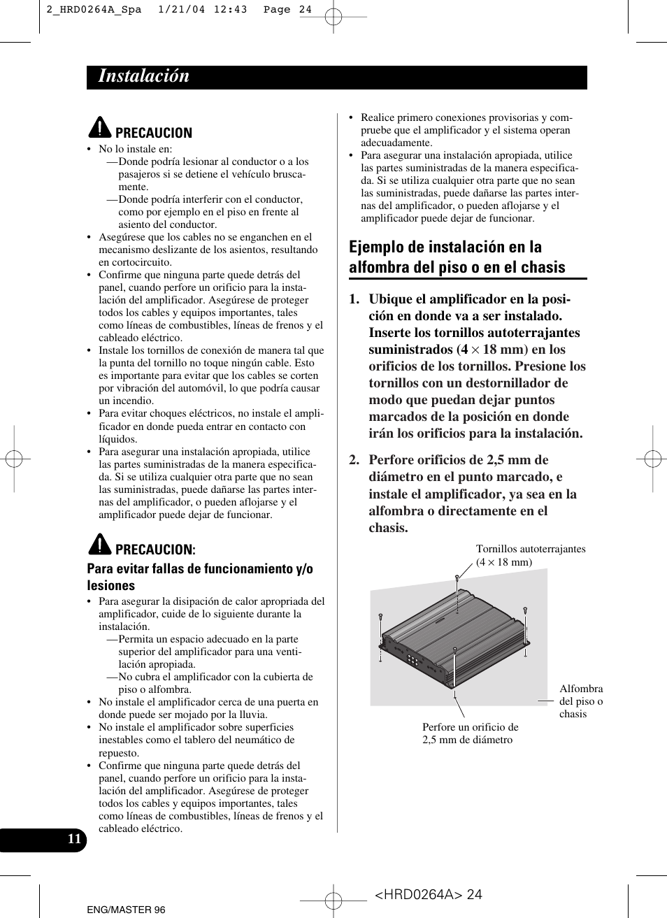 Instalación, Ejemplo de instalación en la alfombra del, Piso o en el chasis | Pioneer GM-6000F User Manual | Page 24 / 74