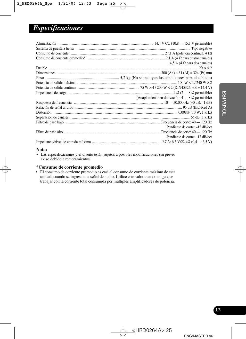 Especificaciones | Pioneer GM-6000F User Manual | Page 25 / 74