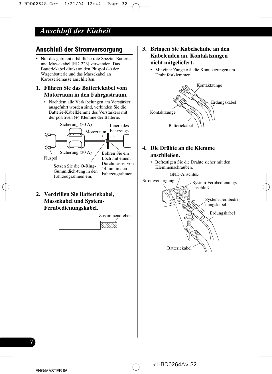 Anschluß der stromversorgung, Anschluß der einheit | Pioneer GM-6000F User Manual | Page 32 / 74