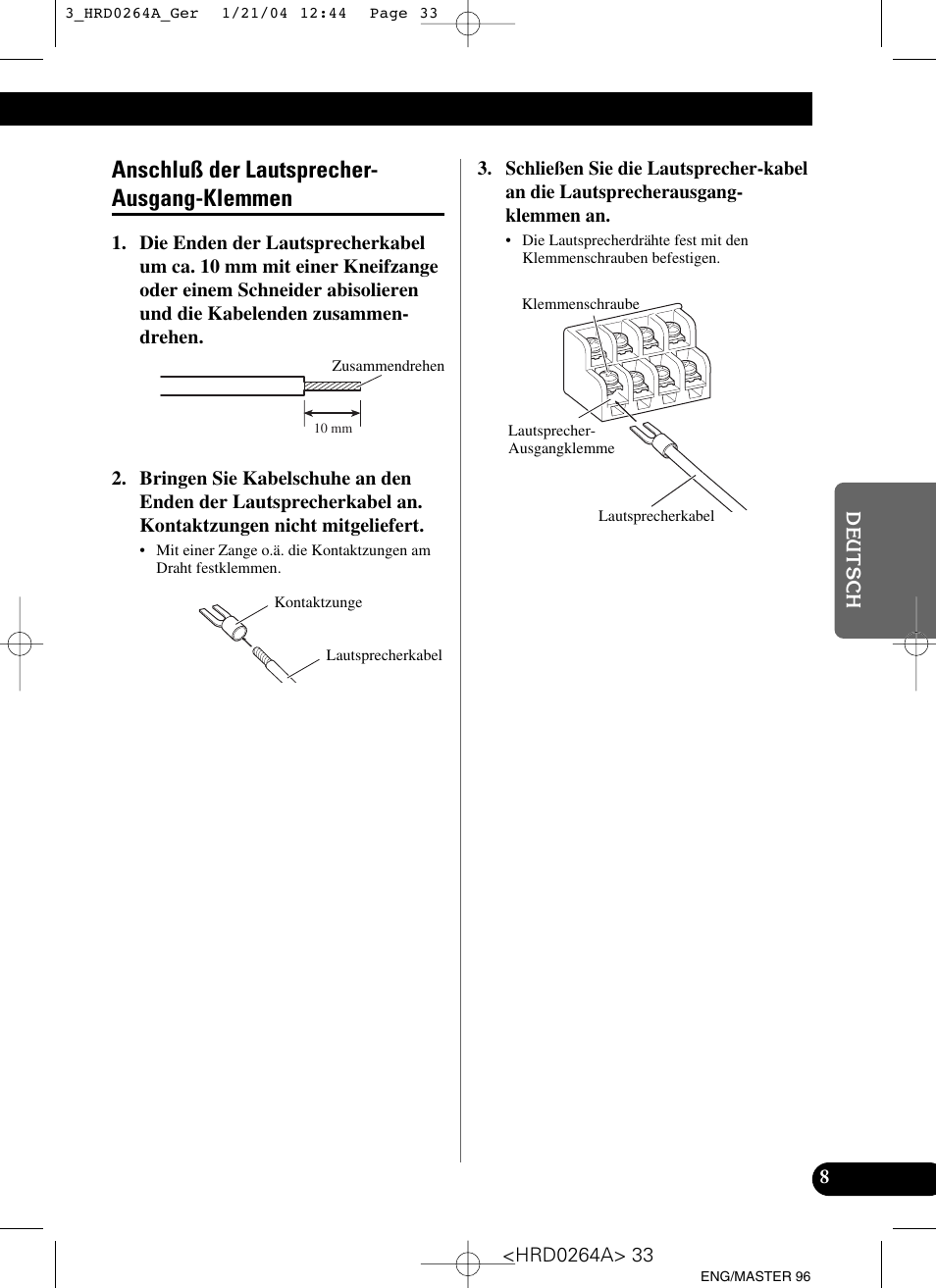 Anschluß der lautsprecher-ausgang, Klemmen, Anschluß der lautsprecher- ausgang-klemmen | Pioneer GM-6000F User Manual | Page 33 / 74