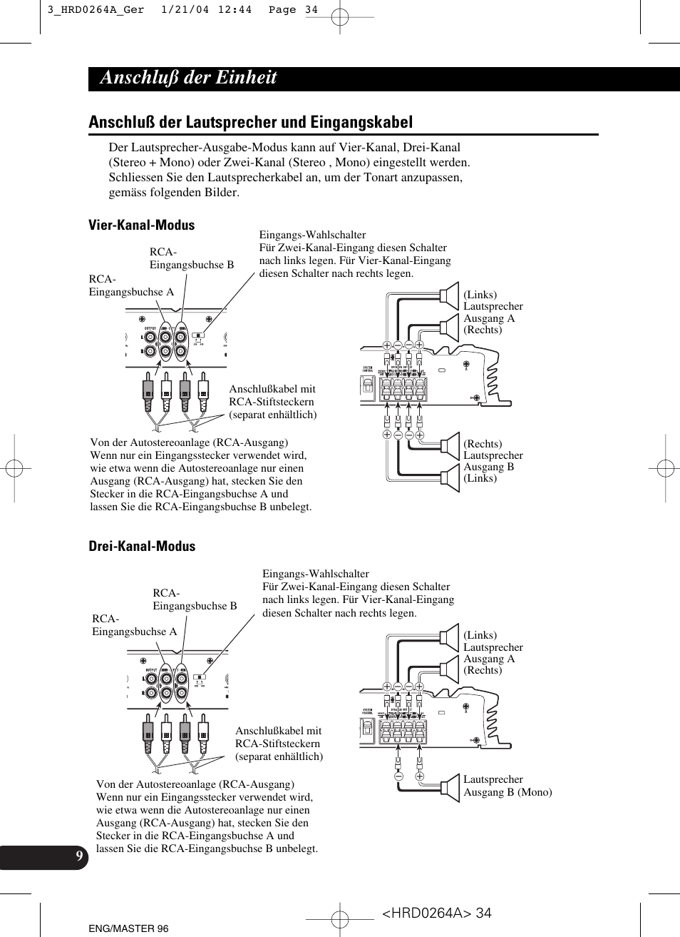 Anschluß der lautsprecher und, Eingangskabel, Anschluß der einheit | Anschluß der lautsprecher und eingangskabel, Vier-kanal-modus drei-kanal-modus | Pioneer GM-6000F User Manual | Page 34 / 74
