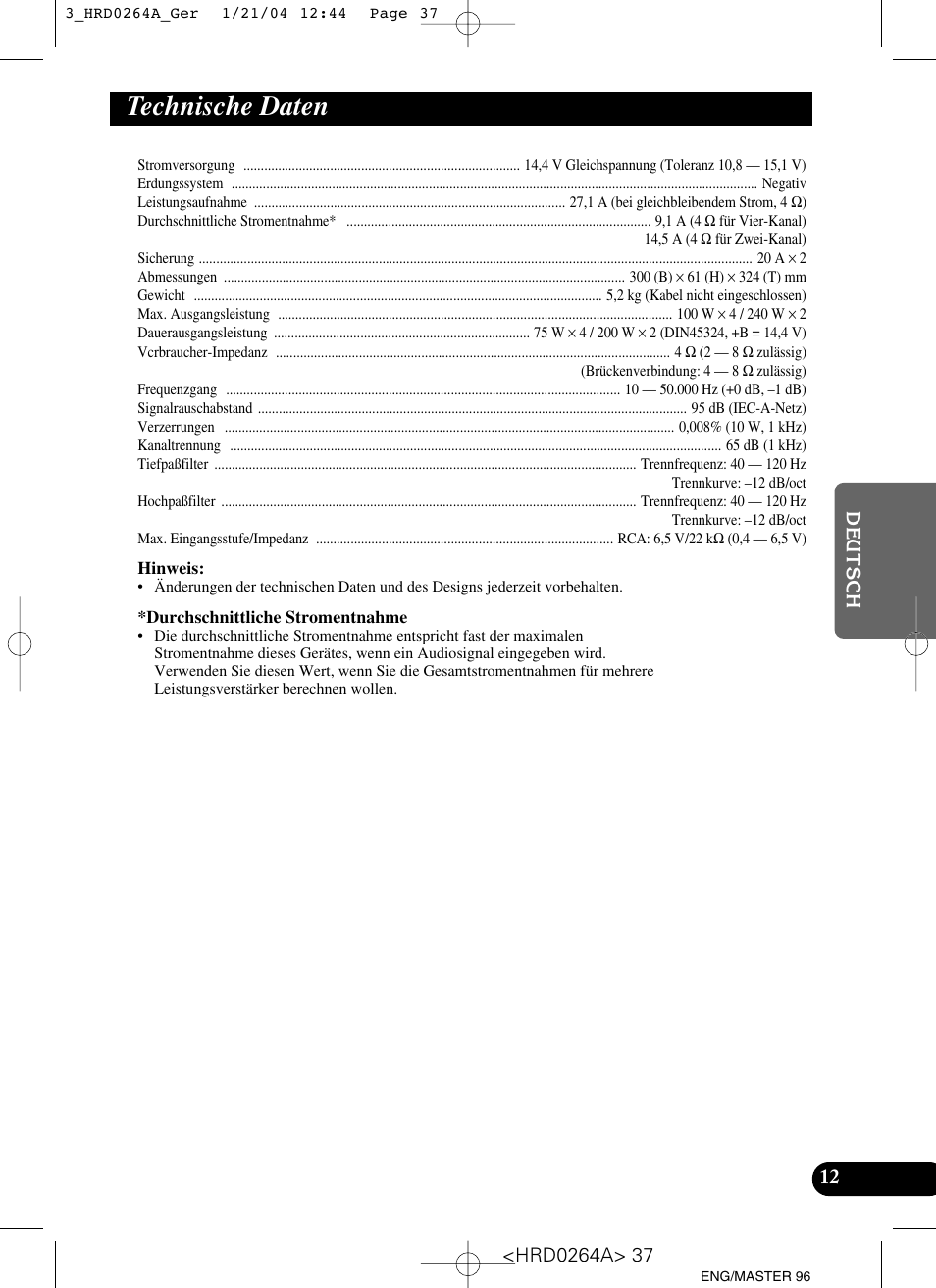 Technische daten | Pioneer GM-6000F User Manual | Page 37 / 74