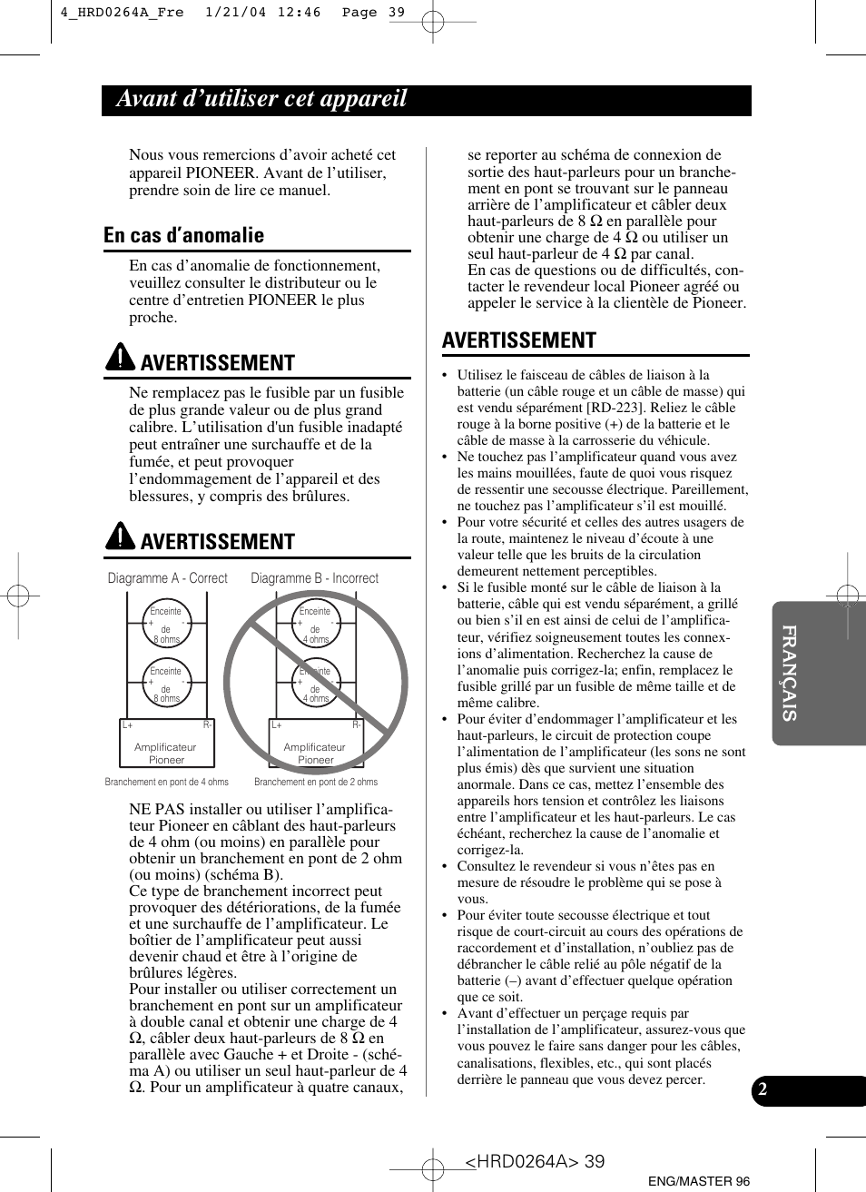 Avant d’utiliser cet appareil, En cas d’anomalie, Avertissement | Pioneer GM-6000F User Manual | Page 39 / 74