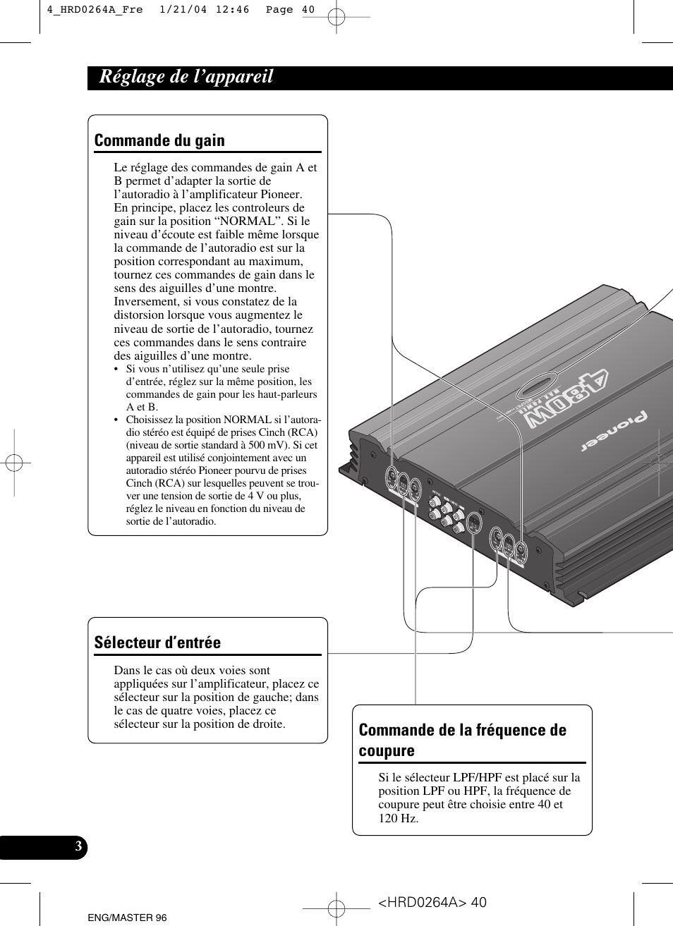 Réglage de l’appareil, Commande du gain, Sélecteur d’entrée | Commande de la fréquence de coupure | Pioneer GM-6000F User Manual | Page 40 / 74