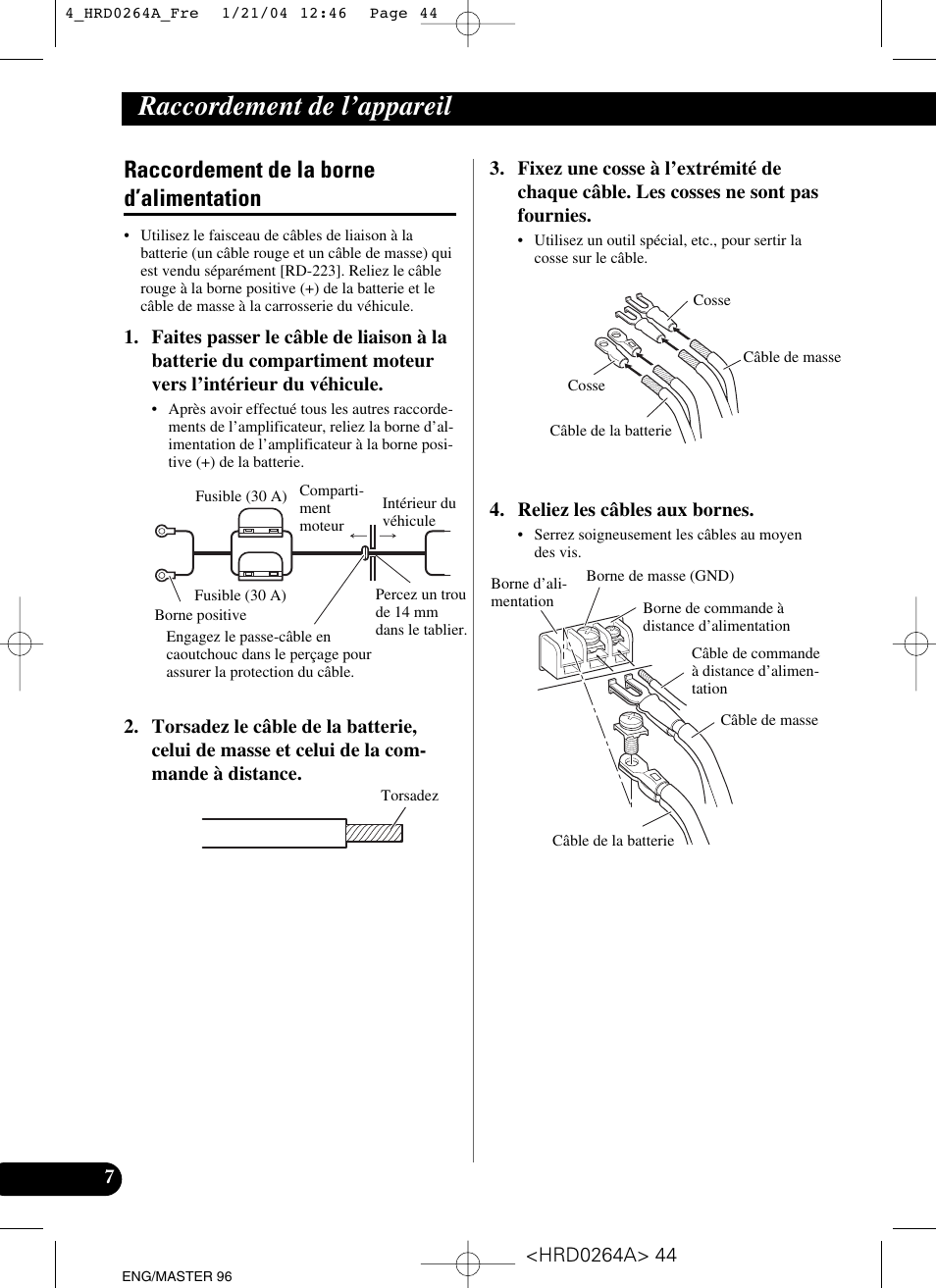 Raccordement de la borne d’alimentation, Raccordement de l’appareil | Pioneer GM-6000F User Manual | Page 44 / 74