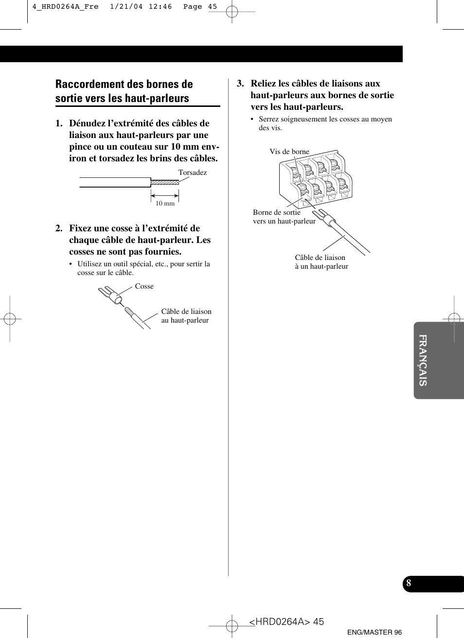 Raccordement des bornes de sortie vers, Les haut-parleurs | Pioneer GM-6000F User Manual | Page 45 / 74