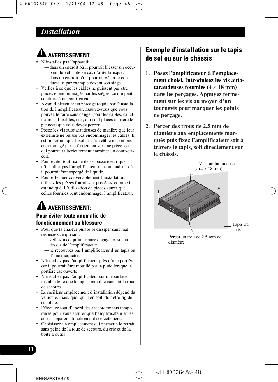 Installation, Exemple d’installation sur le tapis de sol ou, Sur le châssis | Pioneer GM-6000F User Manual | Page 48 / 74