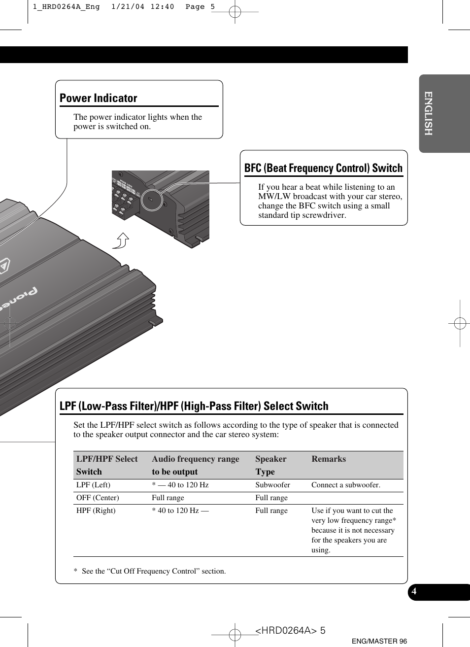 Filter) select switch, Power indicator, Bfc (beat frequency control) switch | Pioneer GM-6000F User Manual | Page 5 / 74