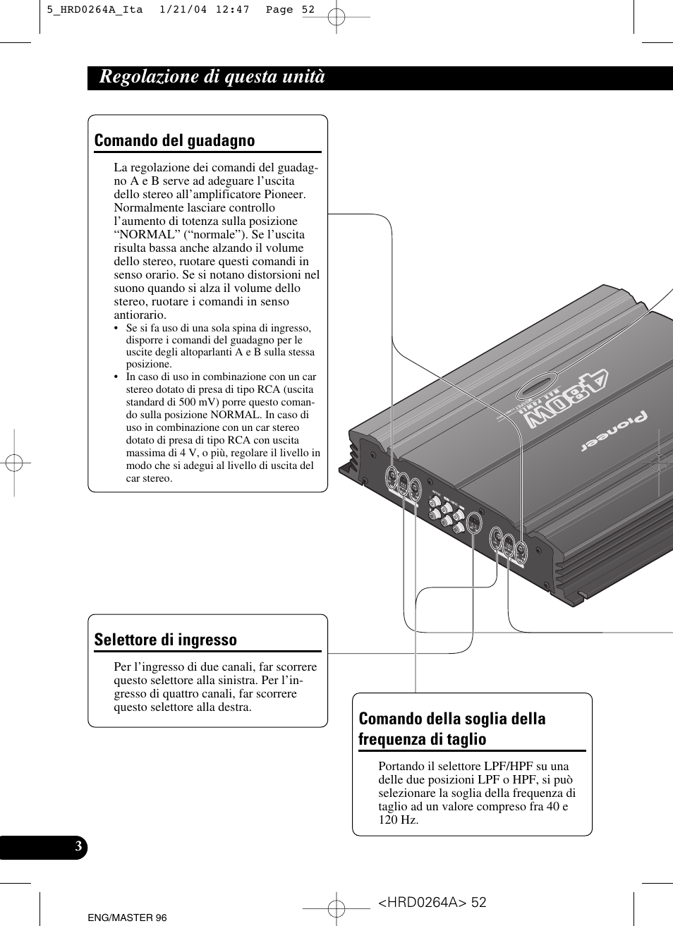 Regolazione di questa unità, Di taglio, Comando del guadagno | Selettore di ingresso, Comando della soglia della frequenza di taglio | Pioneer GM-6000F User Manual | Page 52 / 74