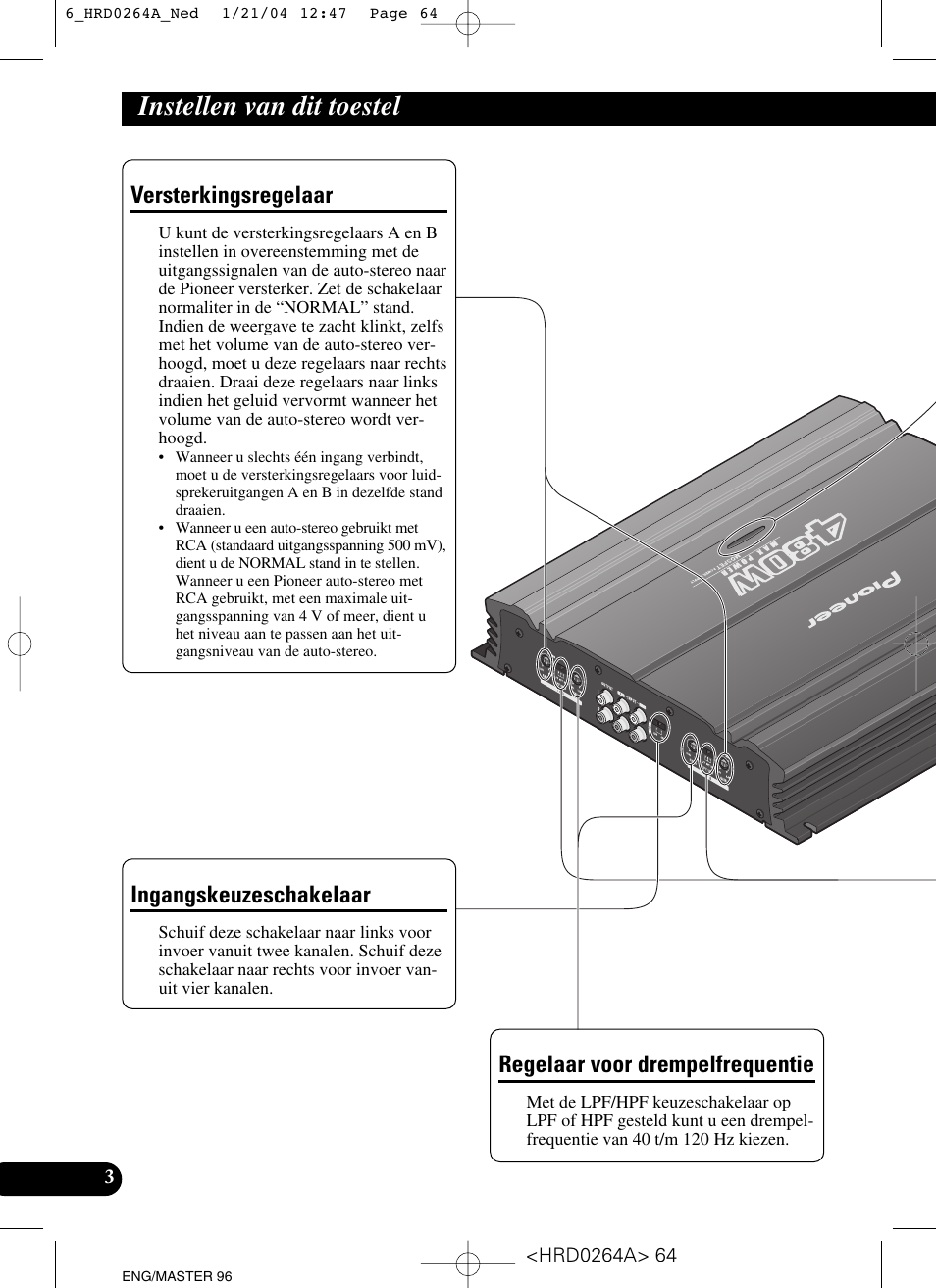 Instellen van dit toestel, Versterkingsregelaar, Regelaar voor drempelfrequentie | Ingangskeuzeschakelaar | Pioneer GM-6000F User Manual | Page 64 / 74