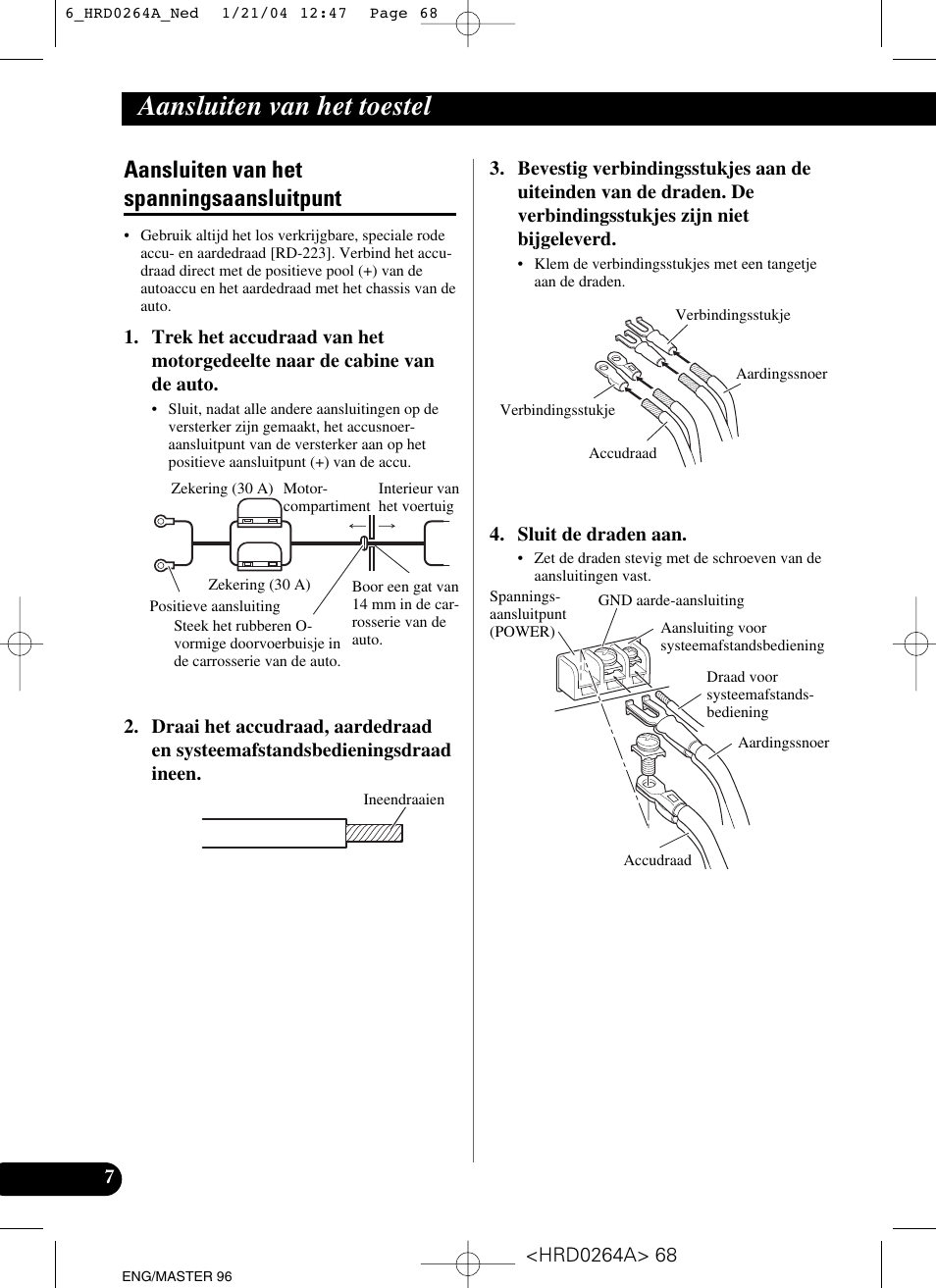 Aansluiten van het spanningsaansluitpunt, Aansluiten van het toestel | Pioneer GM-6000F User Manual | Page 68 / 74