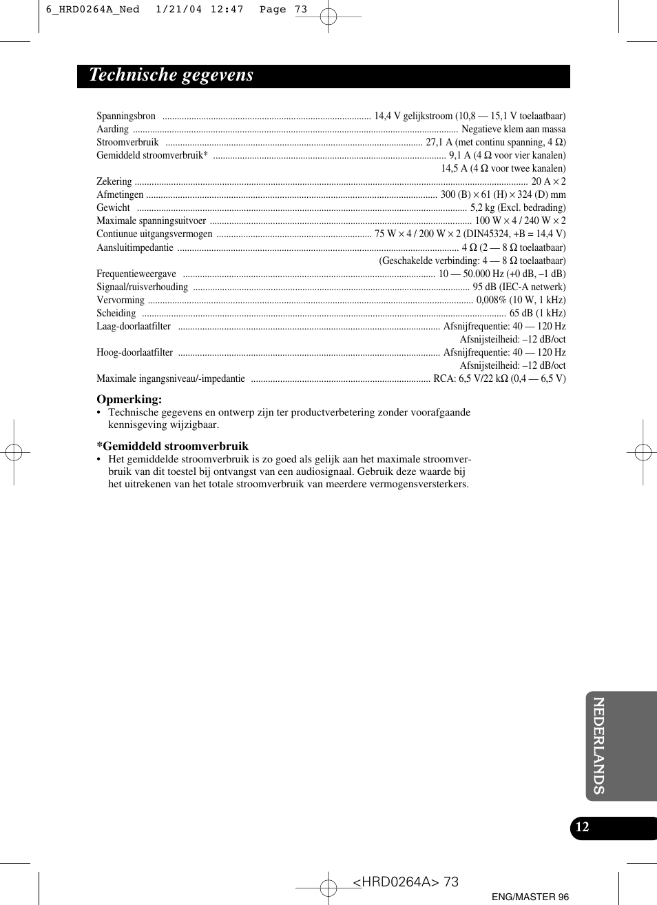 Technische gegevens | Pioneer GM-6000F User Manual | Page 73 / 74