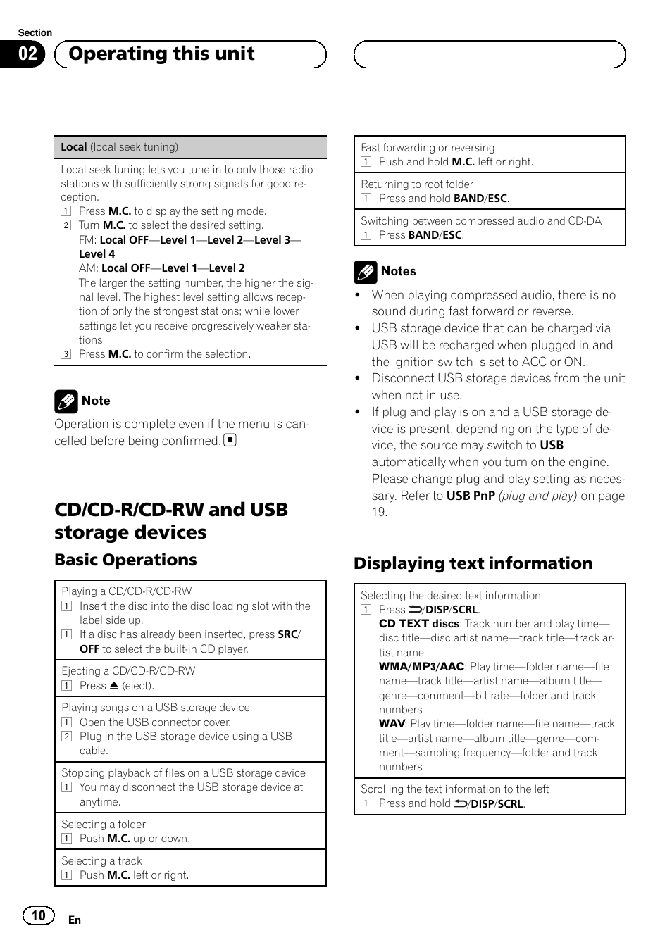 Cd/cd-r/cd-rw and usb storage, Devices, Basic operations 10 | Displaying text information 10, Cd/cd-r/cd-rw and usb storage devices, 02 operating this unit, Basic operations, Displaying text information | Pioneer DEH-6250BT User Manual | Page 10 / 88